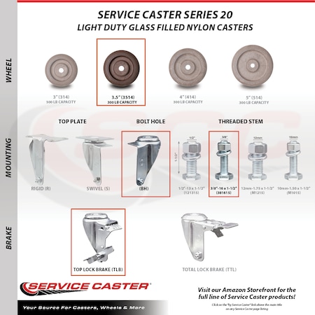 Service Caster 3.5 Inch High Temp Glass Filled Nylon 3/8 Inch Threaded Stem Caster Set Brake SCC-TS20S3514-GFNSHT-TLB-381615-4